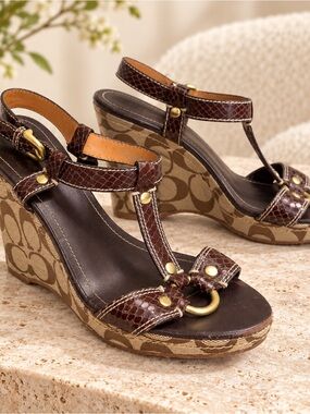 Coach Brown Signature Canvas T-Strap Wedge Sandals with Gold Hardware